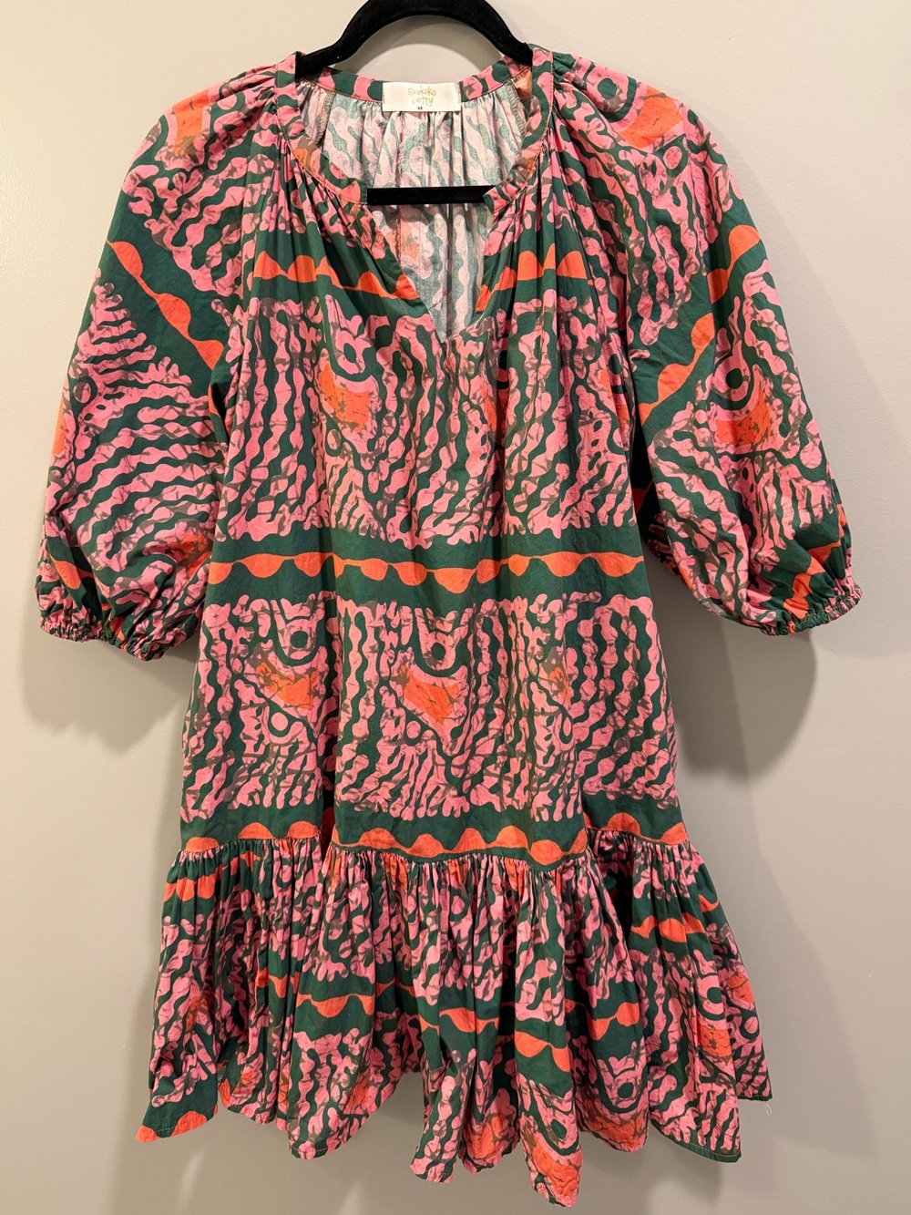 Suakoko Betty Gwen Dress Puff Sleeves 100% Cotton V-Neck Patterned Size XS Pink